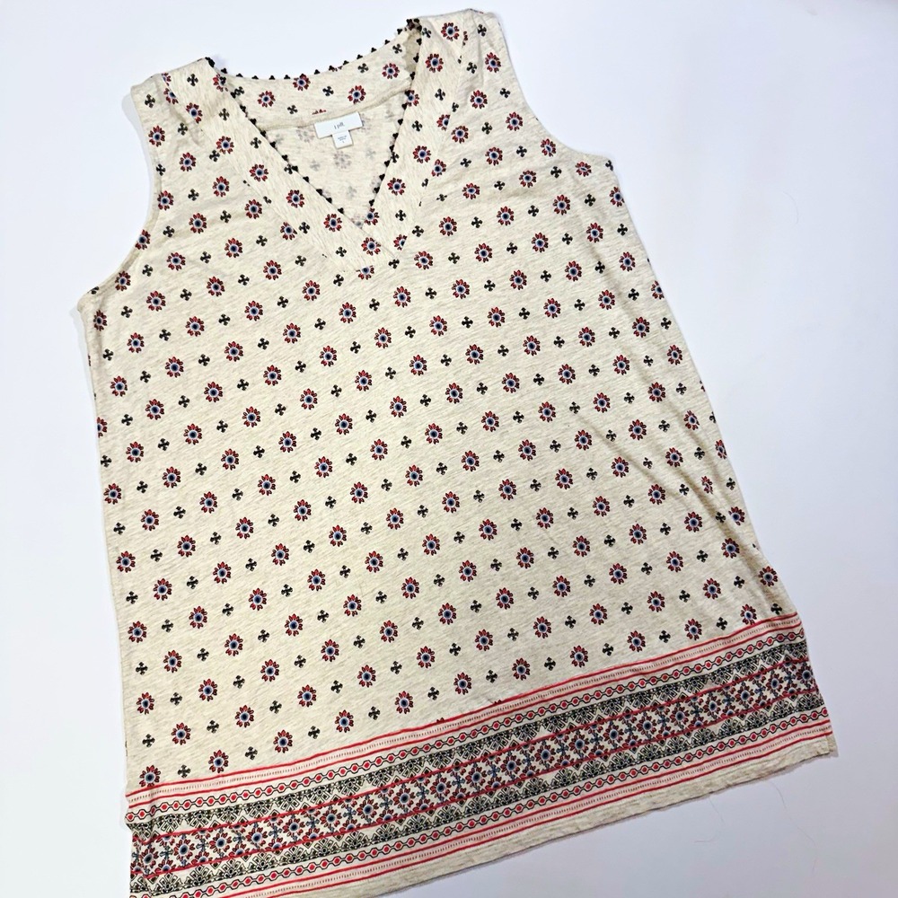 J. Jill Women's L Beige Floral Beaded V-Neck Sleeveless Knit Tank Relaxed Fit